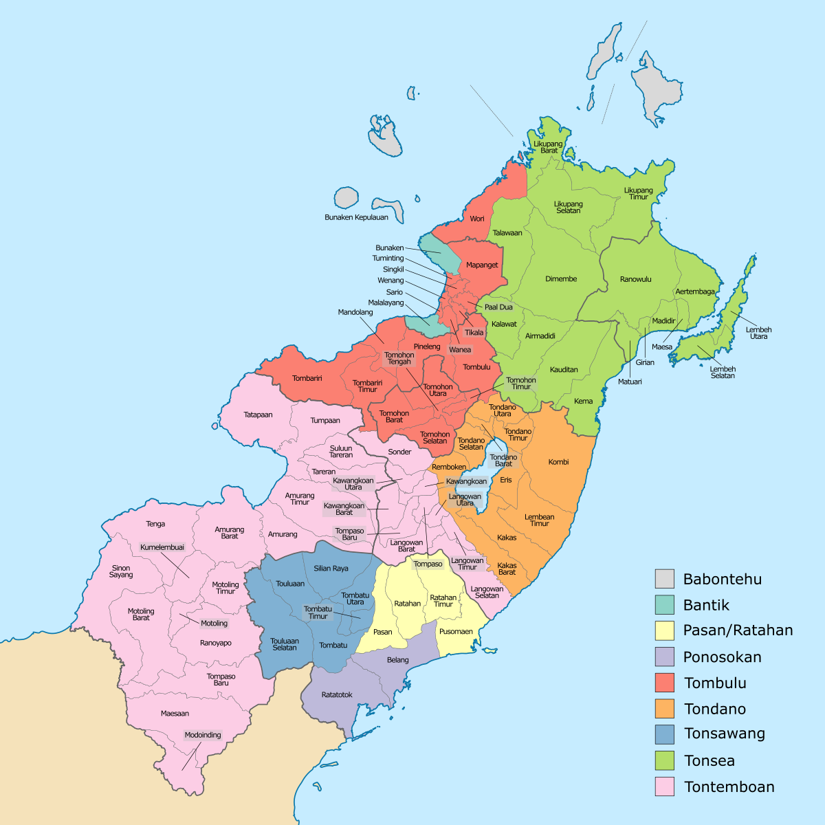 Peta perkiraan wilayah subetnis Minahasa
